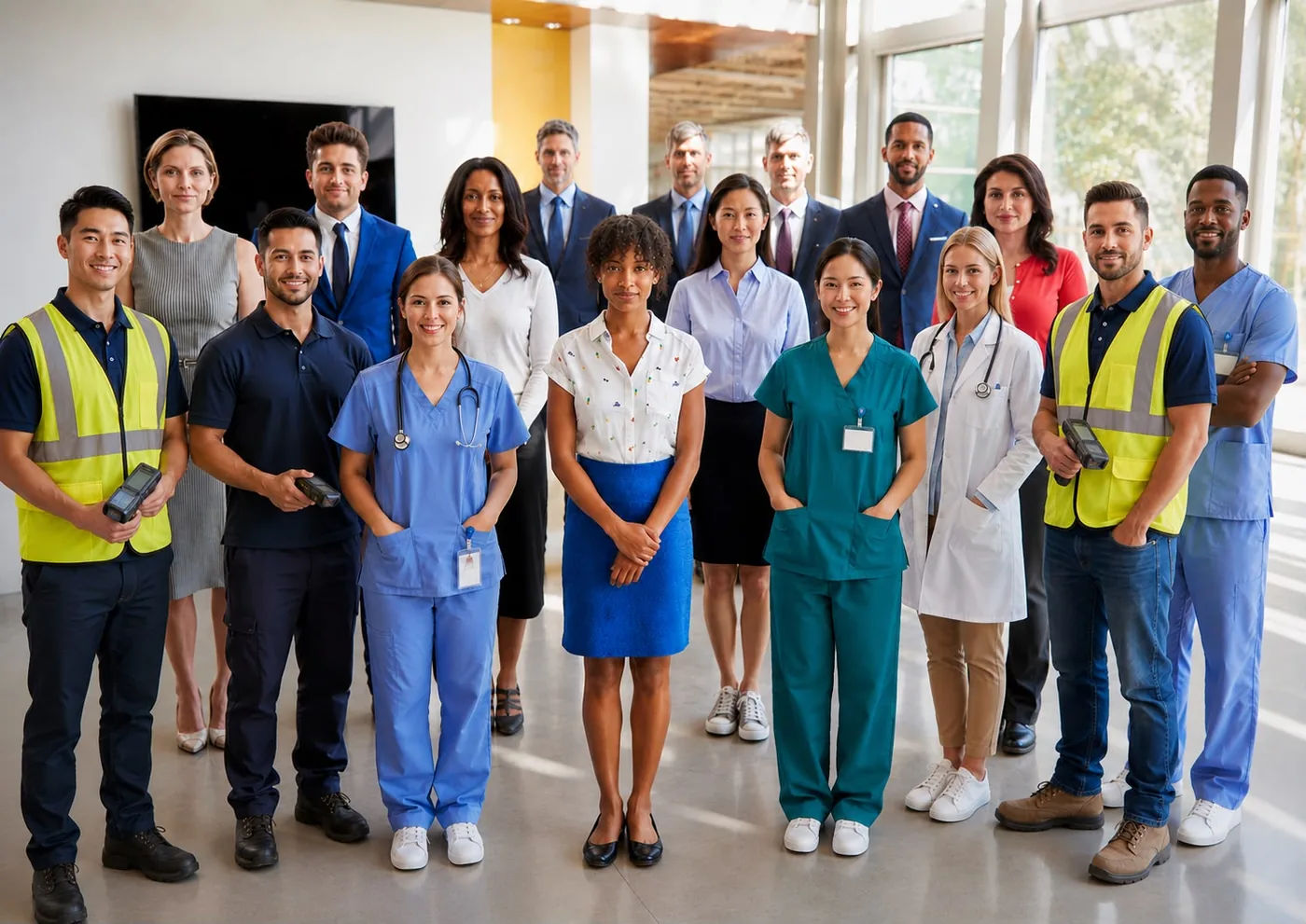 Diverse groep medewerkers uit verschillende sectoren, samen op de werkvloer